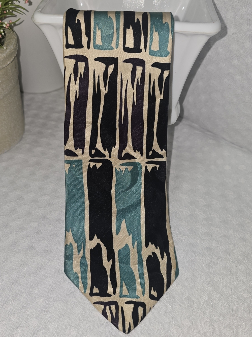 ABSTRACT TEAL BLACK CREAM MARTIN WONG SCREENPLAY IMPORTED SILK MENS TIE VINTAGE
